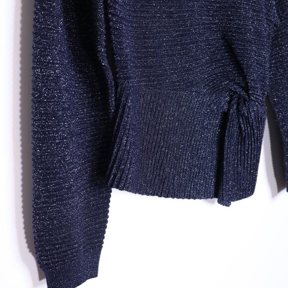 MICHELLE MASON Metallic Twist Ribbed Sweater Navy Asymmetric Hem Women's P/US 2 - Picture 6 of 13